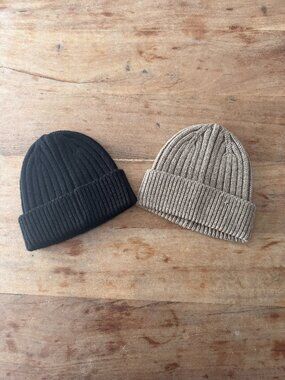 Uniqlo Heattech Ribbed Beanies - Lot of 2 (Black and Beige)